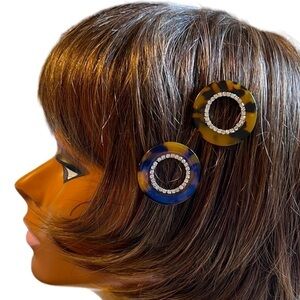 PAIR of Faux Tortoise Shell with Rhinestone Barettes NWOT